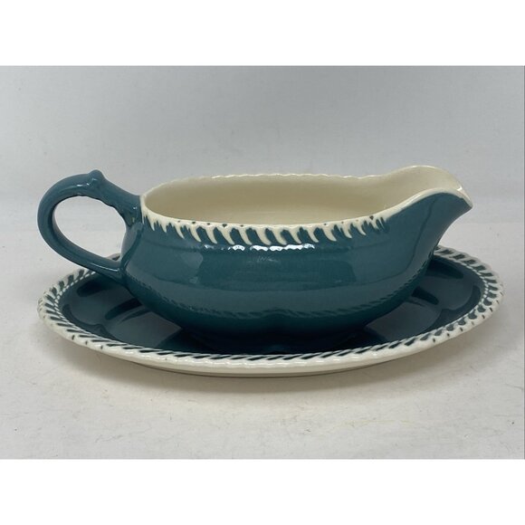 Harker Pottery Corinthian Teal Green Gravy Boat & Plate White Trim Harkerware - Picture 4 of 11